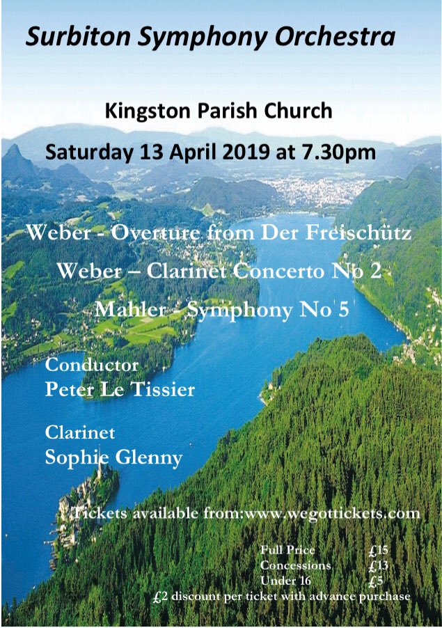 Our annual concert is on 13 April 2019 in Kingston Parish Church and it features Mahler Symphony 5! Any string players who would like to join us to boost our string section please get in touch by DM.