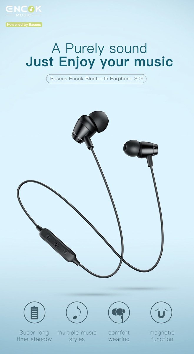 Baseus S09 Bluetooth Earphone Wireless IPX5 Waterproof Earphones Neckband Fone de ouvido Sports Headset Stereo Earbuds Earpieces twicemart.com/shop/baseus-s0…