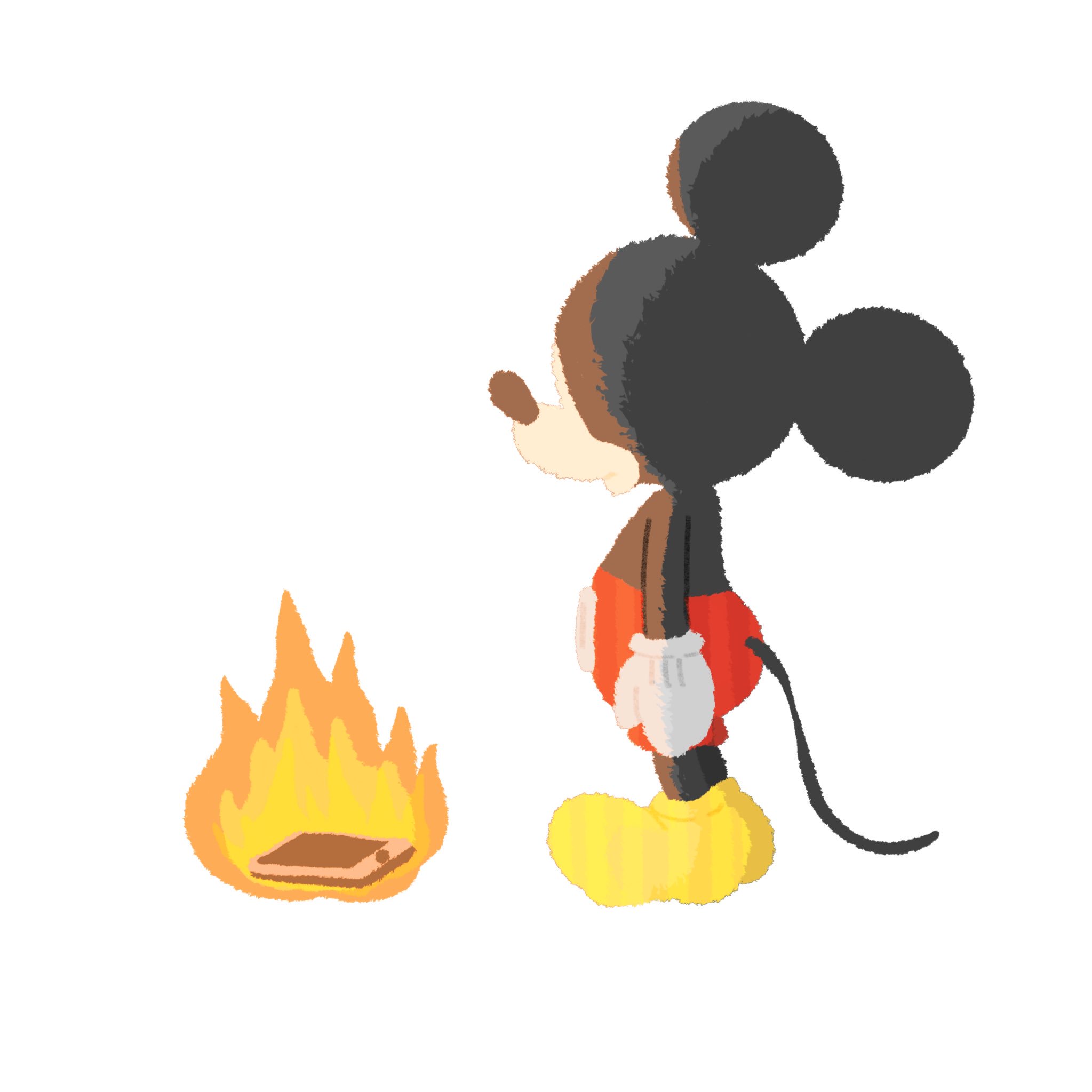 大和 ツイッターが炎上しその通知の負荷で物理的にも炎上したスマホをなすすべもなく見守るしかできないミッキーマウスの イラストです みきすとや ４月１日限定無料セール T Co Vuvm669w0o Twitter