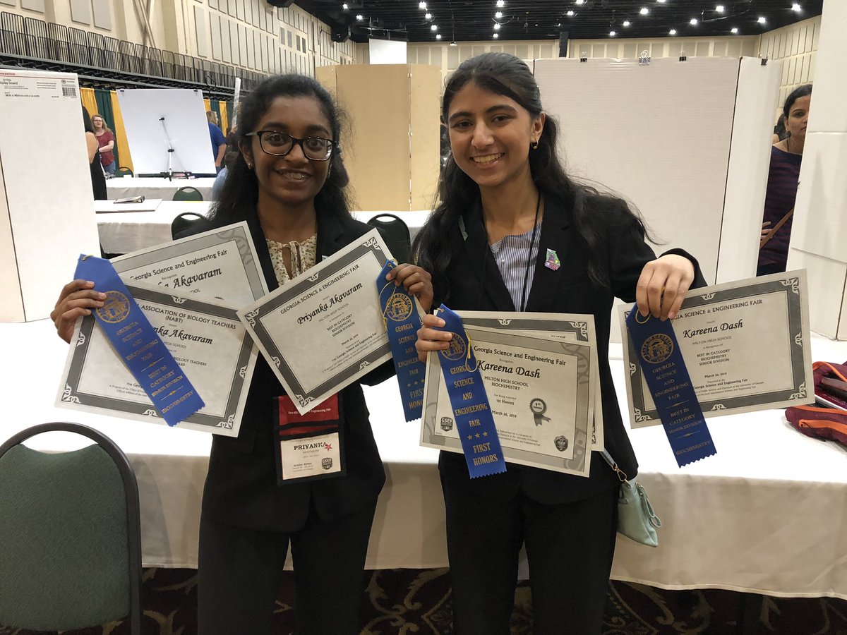 AKDashATL's tweet photo. Creativity and Hardwork pays off. Congratulations Kareena and Priyanka of @MiltonHighSch winning best in Biochemistry category at Georgia Science &amp; Engineering Fair #gsef2019 @GeorgiaSEF https://t.co/swTxUzjCb5