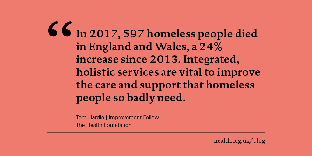 HealthFdn's tweet photo. Gaps in service provision make it harder to support people with complex needs. @tlhardie1 explores how an integrated approach to care is meeting the needs of homeless people in England.
Read his blog: https://t.co/oxo6iLPxzy
@PathwayUK | #HomelessHealth19 | #homelessness https://t.co/HjoE5mrAwW