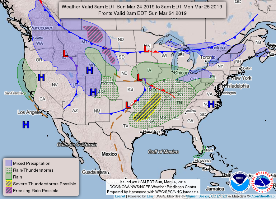 NWS's tweet photo. A low will cross Missouri into the Tennessee Valley through tonight with showers and t-storms from northeast Texas to the Ohio Valley. Isolated severe t-storms are possible from northeast Texas to southwest Illinois. Heavy rain and mountain snow will return to the West this week. https://t.co/kkrFmvCNtL