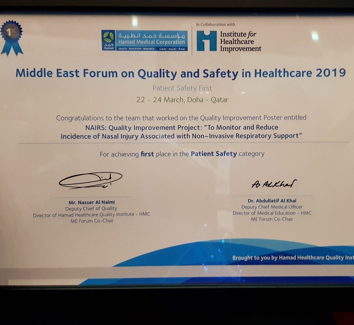 labraberting's tweet photo. Congratulations Respiratory Department WWRC, for achieving first place in patient safety awards poster presentation. #meforum2019 #hamadquality #wwrc2019 https://t.co/UjoKYAAmcn