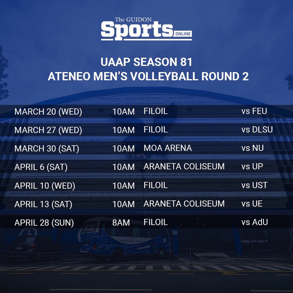 Enzo_TheGUIDON's tweet image. LOOK: Round 2 schedules for the Ateneo volleyball teams are up! 

Follow @James_TheGUIDON @Bert_TheGUIDON, @Apa_TheGUIDON, @Ally_TheGUIDON, and my account for news and updates!

#UAAPVolleyball