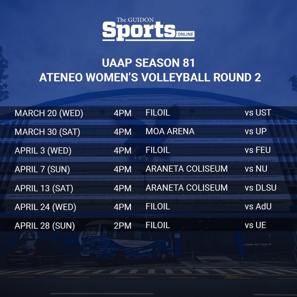 Enzo_TheGUIDON's tweet image. LOOK: Round 2 schedules for the Ateneo volleyball teams are up! 

Follow @James_TheGUIDON @Bert_TheGUIDON, @Apa_TheGUIDON, @Ally_TheGUIDON, and my account for news and updates!

#UAAPVolleyball