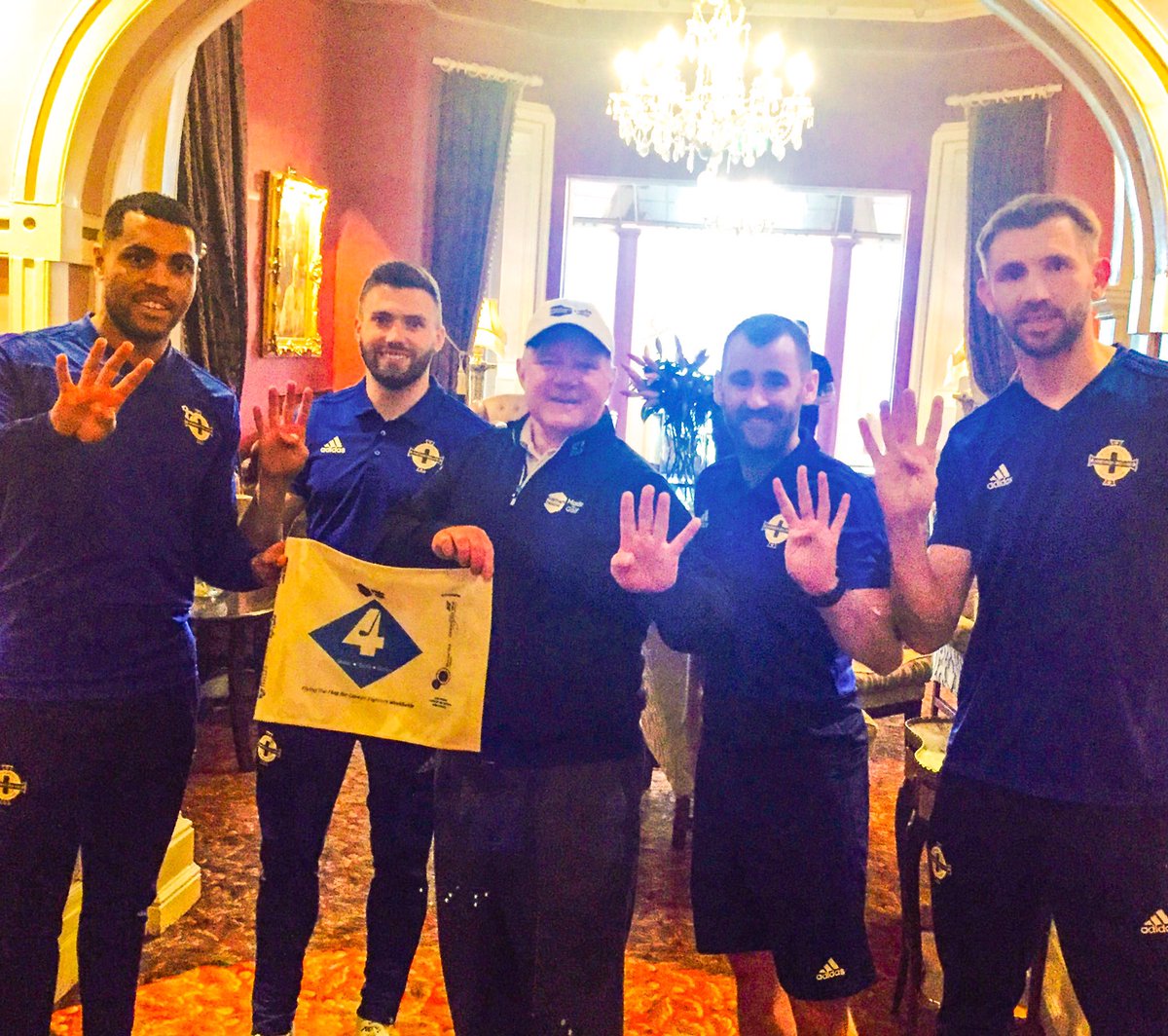 GG4Cancer's tweet photo. A very nice surprise to bump into the @NorthernIreland football team at the @HastingsHotels @cullodenestate yesterday evening. Best of luck today to the 'Green & White Army' ... Naturally I hope they win 4-0! ⛳️⚽️ https://t.co/yzx5cd05OA