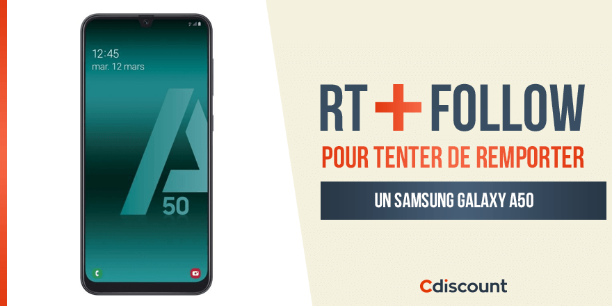 Cdiscount's tweet image. 🎁 #Concours

👉 Tentez de remporter le Samsung A50: bit.ly/2HxqDui !

🔸 Pour tenter votre chance : 
1) #RT ce tweet
2) Follow @Cdiscount

TAS 02/04