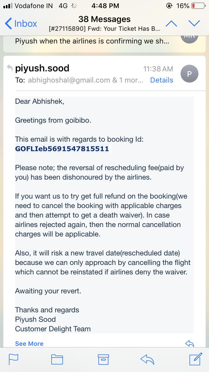 kmukta's tweet photo. @CareGoibibo 
@VsGoibibo 

harrassed by goibibo team even when we had airlines confirmation goibibo is not refunding our money... no empathy even when we had a death case here https://t.co/E9rKbbhkMZ