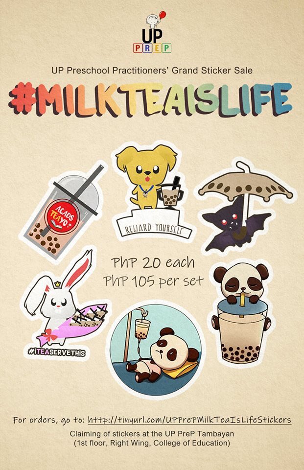 UPPreP's tweet photo. Can't get enough of milk tea? Yes, we feel you because #MilkTeaIsLife!

Avail of our milk tea stickers for 20 pesos each and 105 pesos for a set of all six designs.

Fill-up the order form here: https://t.co/d5wooSpHvH https://t.co/9q7tlBuStZ