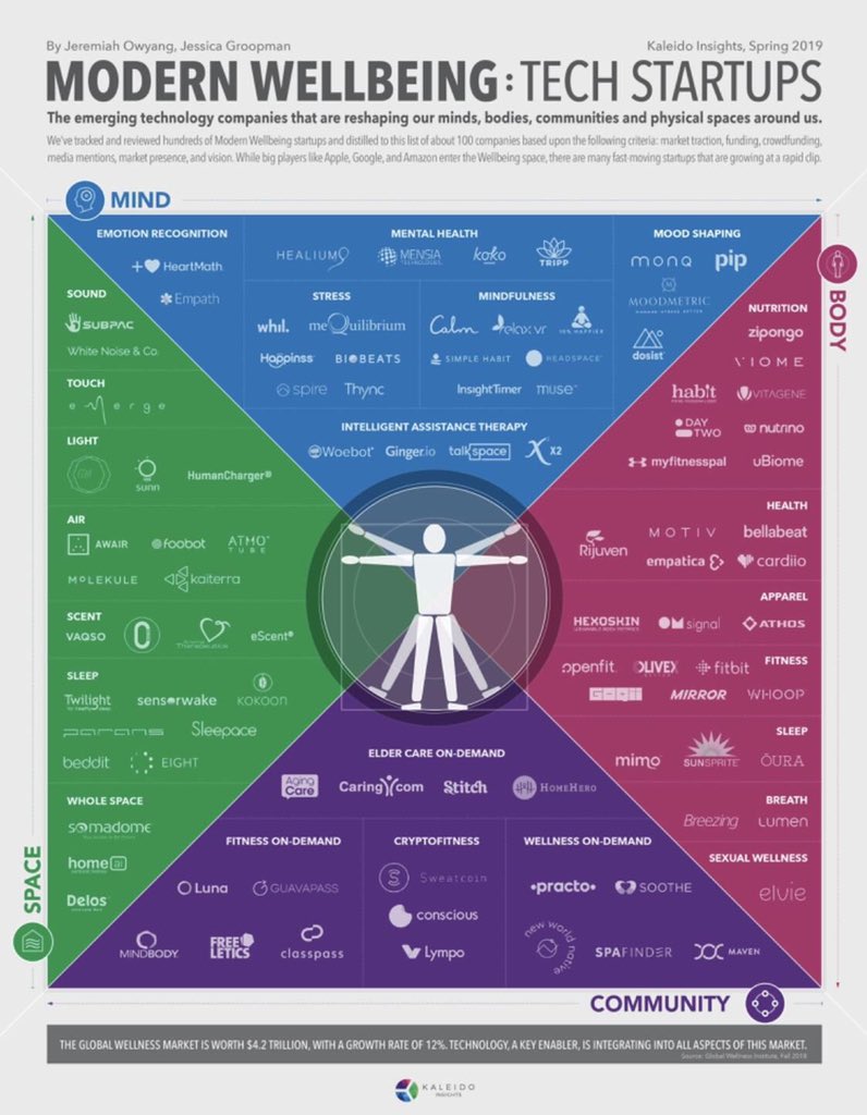 noeltoolan's tweet image. #welltech ? Great visualisation &amp;amp; categorisation graphic here (thanks @frankkumli !) - the new technology movers &amp;amp; shakers shaping how we are trying to manage our body mind space &amp;amp; community for “better wellbeing” @JohnNosta @health_xl @HealthEugene