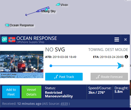 CroosnKangaroo's tweet photo. #VikingSky : Marine Traffic shows the offshore supply ship/tug "Ocean Response" will be towing the Viking Sky to the port of #Molde, #Norway. https://t.co/p0ZxkMBb0m