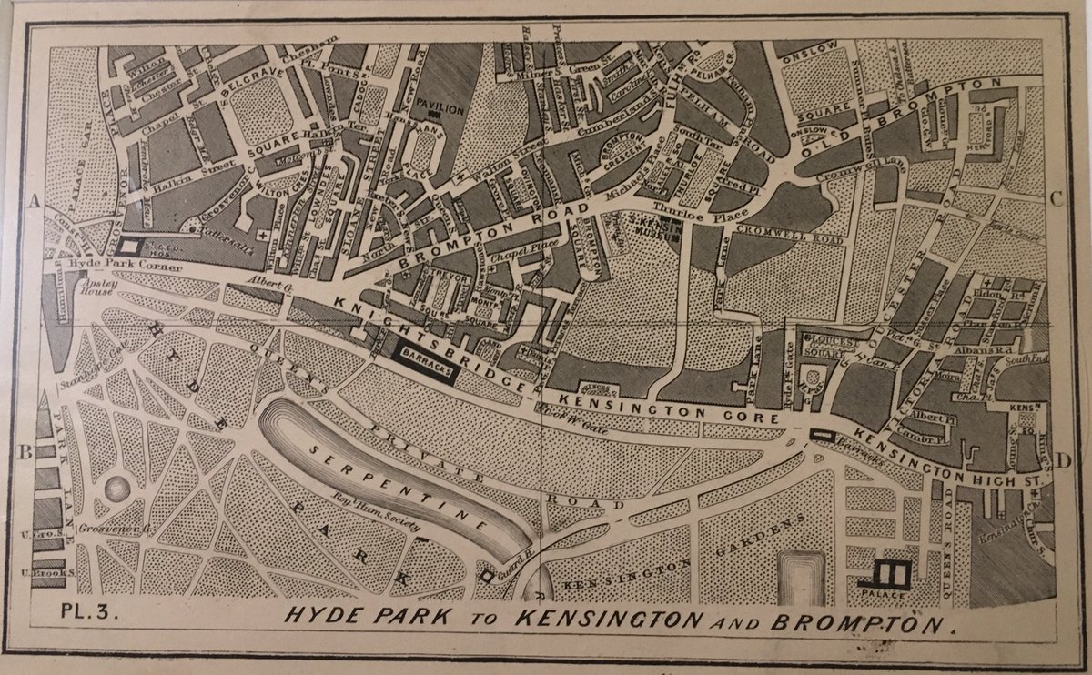 patricialondon's tweet photo. @RachelAFisher @ellandi_mark @Propertyshe @NationalGallery Thank you, fellow #Maphead! On subject of cultural venues I was about to post this 1850s map of S. Ken for Mark’s interest. Before Albertopolis or Exhibition Rd was laid out (along Park Lane), V&A was in pre-Cole phase. Drawn in ‘heads up’ style we now use for Legible London etc https://t.co/XFN9Btqqfx