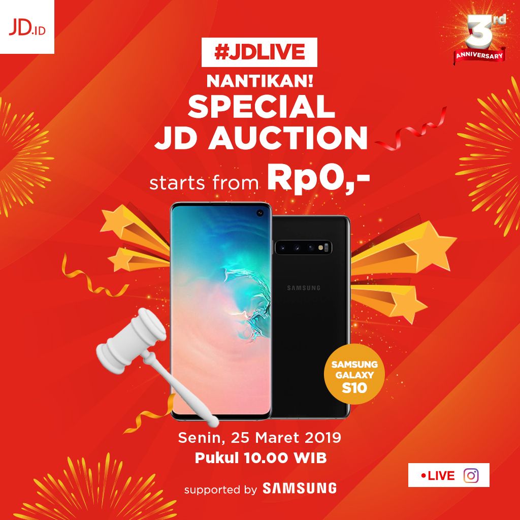 JDid's tweet photo. Nantikan besok ! 
.
Special JD Auction dengan produk dari @samsung_id Samsung Galaxy S10, harga awal mulai Rp.0,- 
.
Bid produknya secara langsung di Instagram Live @jdid Senin, 25 Maret 2019 !
.
#jdid #dijaminori #jdauction #ditraktirjdid #semangatori #specialjdauction https://t.co/bbvmqwtnKG
