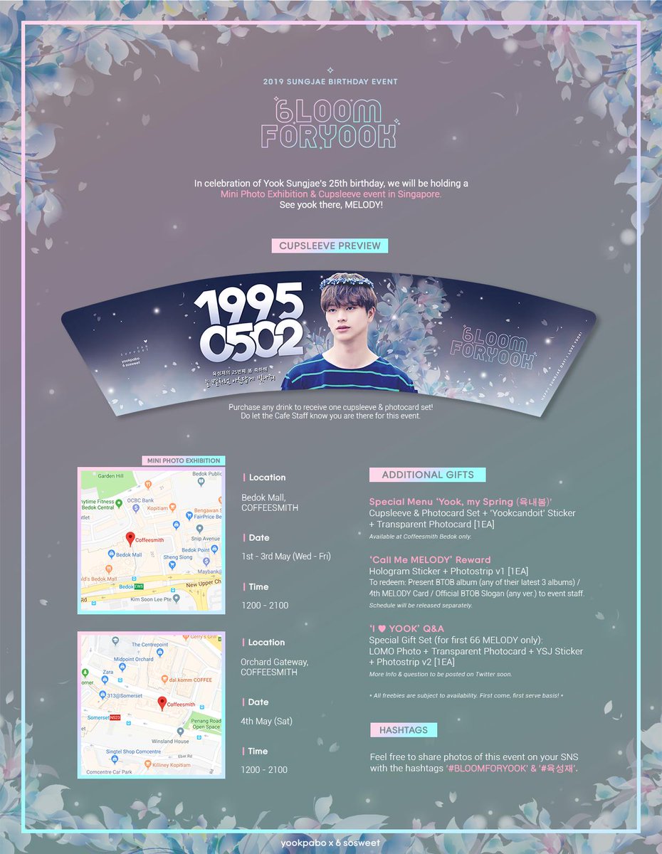 6_sosweet's tweet photo. [ #BLOOMFORYOOK ✨ ]

Mini Photo Exhibition &amp; Cupsleeve event in Singapore for BTOB Yook Sungjae. Save the date. See yook there, SG MELODY!

📌1 - 3 May @Coffeesmith_bm
📌4 May @CoffeeSmithOG
⏰1200 - 2100

Malaysia Cupsleeve event refer to @yookpabo 💕

#비투비 #육성재 [RT plz] https://t.co/M9QgjwERyg
