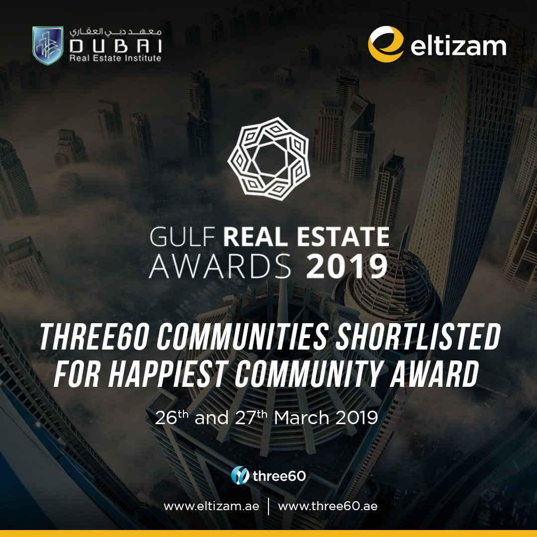 Three60C's tweet photo. We are proud to announce that #Three60Communities (an #Eltizam Asset Management Group company) has been shortlisted in the “Happiest Community” category at the #GulfRealEstateAwards 2019 presented by Dubai Real Estate Institute.

#GulfREAwards #EltizamGroup #DubaiLandDepartment https://t.co/WTvuWkmulw