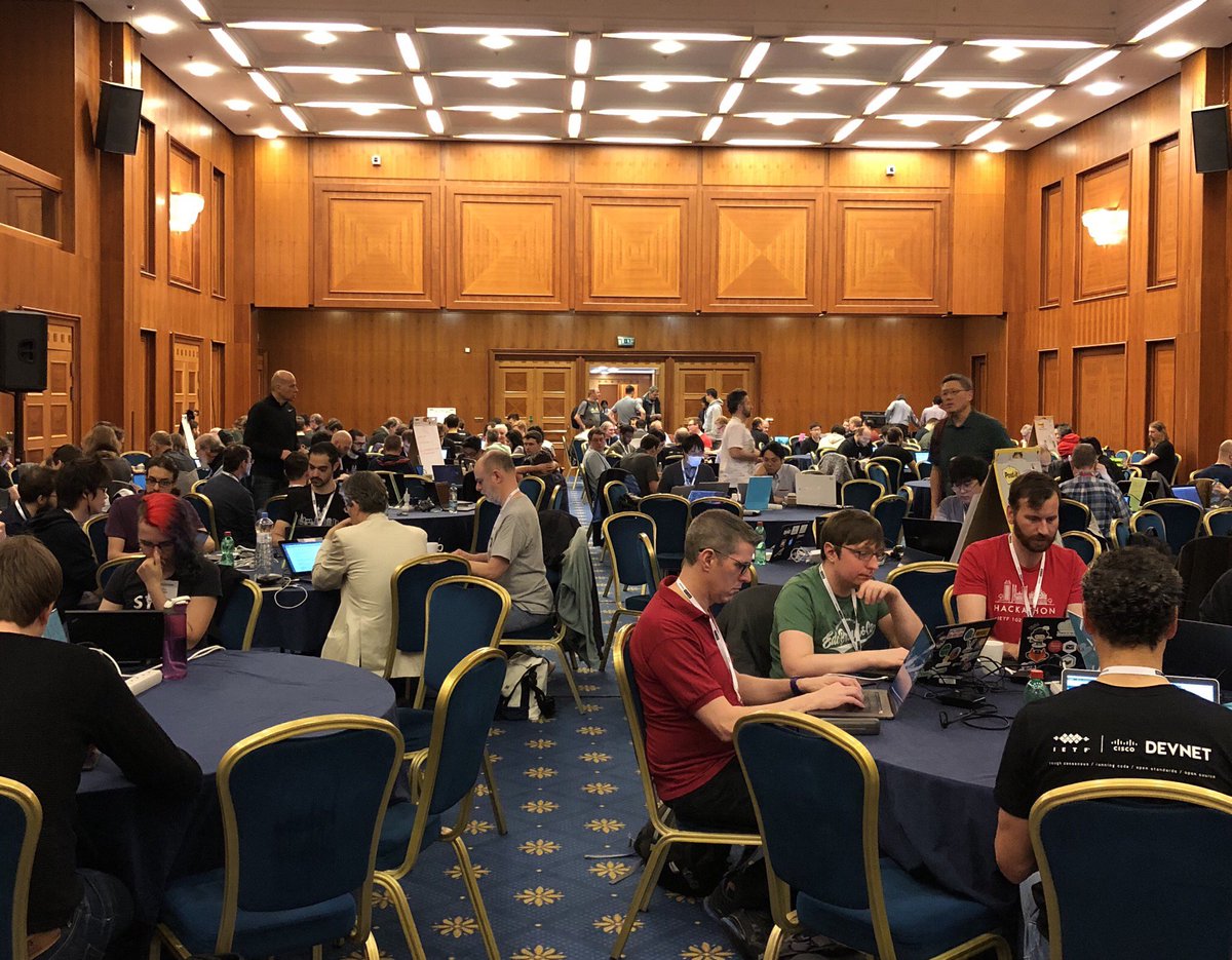 Day 2 of the #IETFHackathon is underway. More than 400 developers &amp; implementers are signed up to discuss, collaborate, &amp; develop utilities, ideas, sample code &amp; solutions that show practical implementations of IETF standards. ietf.org/how/runningcod…