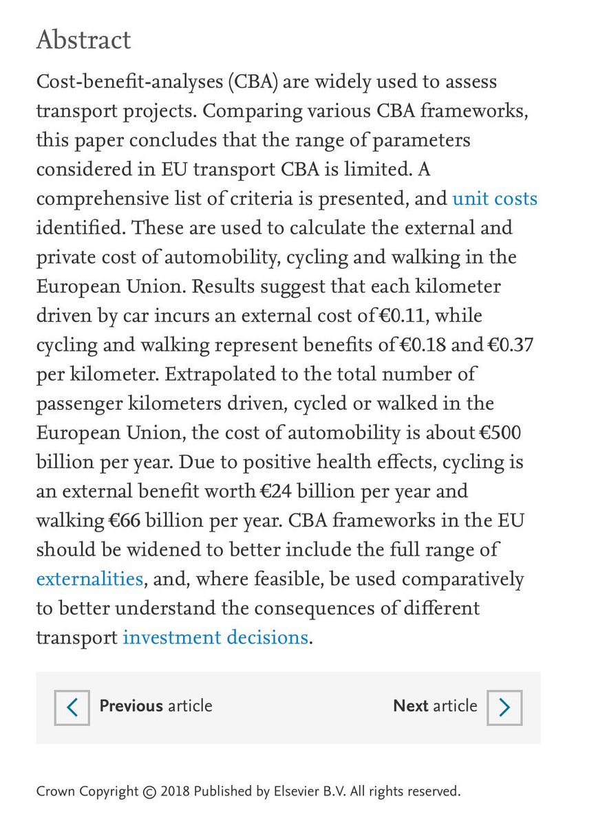 This paper extrapolates that in the European Union the external costs of automobility is about €500 billion per yr. Due to positive health effects, cycling is an external benefit worth €24 billion per yr and walking €66 billion per yr. sciencedirect.com/science/articl…