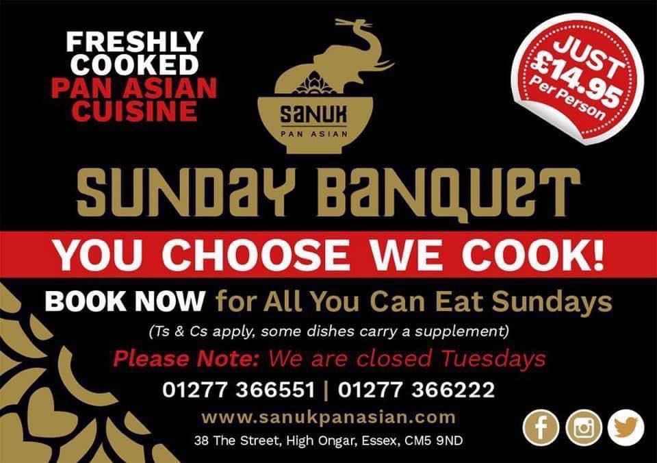 Sunday Buffet served all day today! Great Pan Asian food available all day, served to your table, let your group keep ordering while we keep serving! #PanAsian #HighOngar #Essex #SundayBuffet