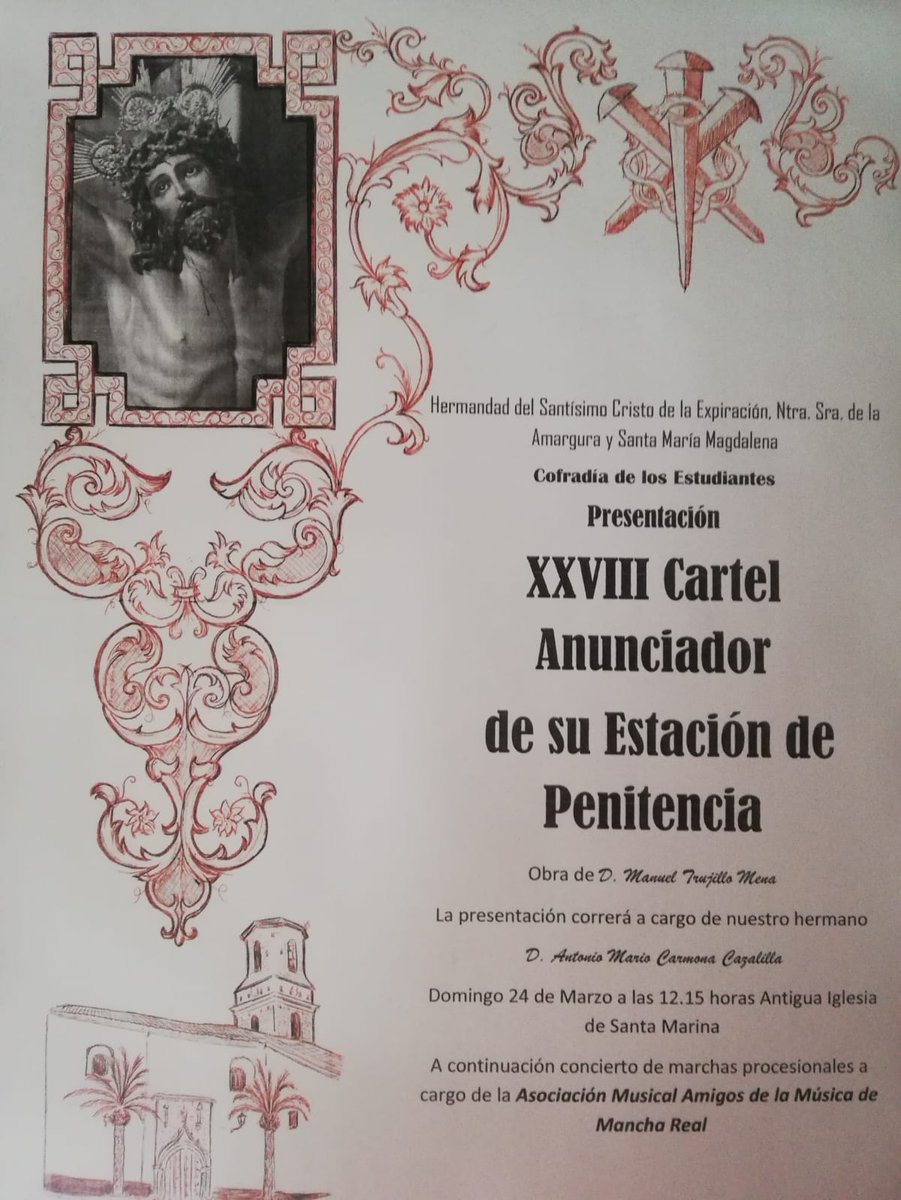 Hoy a las 12:15 horas. Antigua Iglesia de Santa Marina. Presentación del XXVIII Cartel Anunciador de la Cofradía para la Semana Santa 2019, a cargo de Antonio Mario Carmona Cazalilla

Posteriormente a la presentación, <a href="/AmigosMusicaMR/">Amigos de la Música</a> ofrecerá un concierto para los presentes.