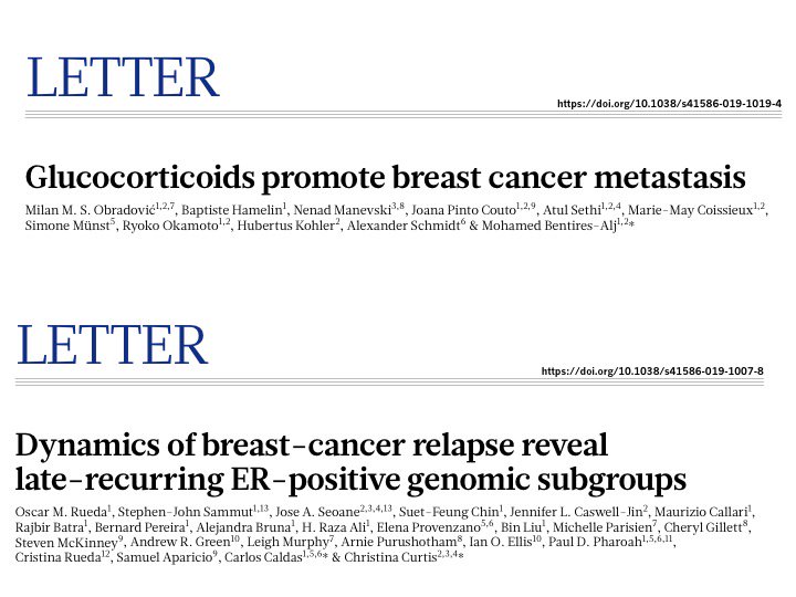 Two #BreastCancer papers in @nature this week with these important messages: 1) do not abuse of #glucocorticoids; 2) genomic analysis may help improving the prediction of late recurrences in patients with #EstrogenReceptor-positive or #TreipleNegative tumors
#bcsm #OncoAlert
