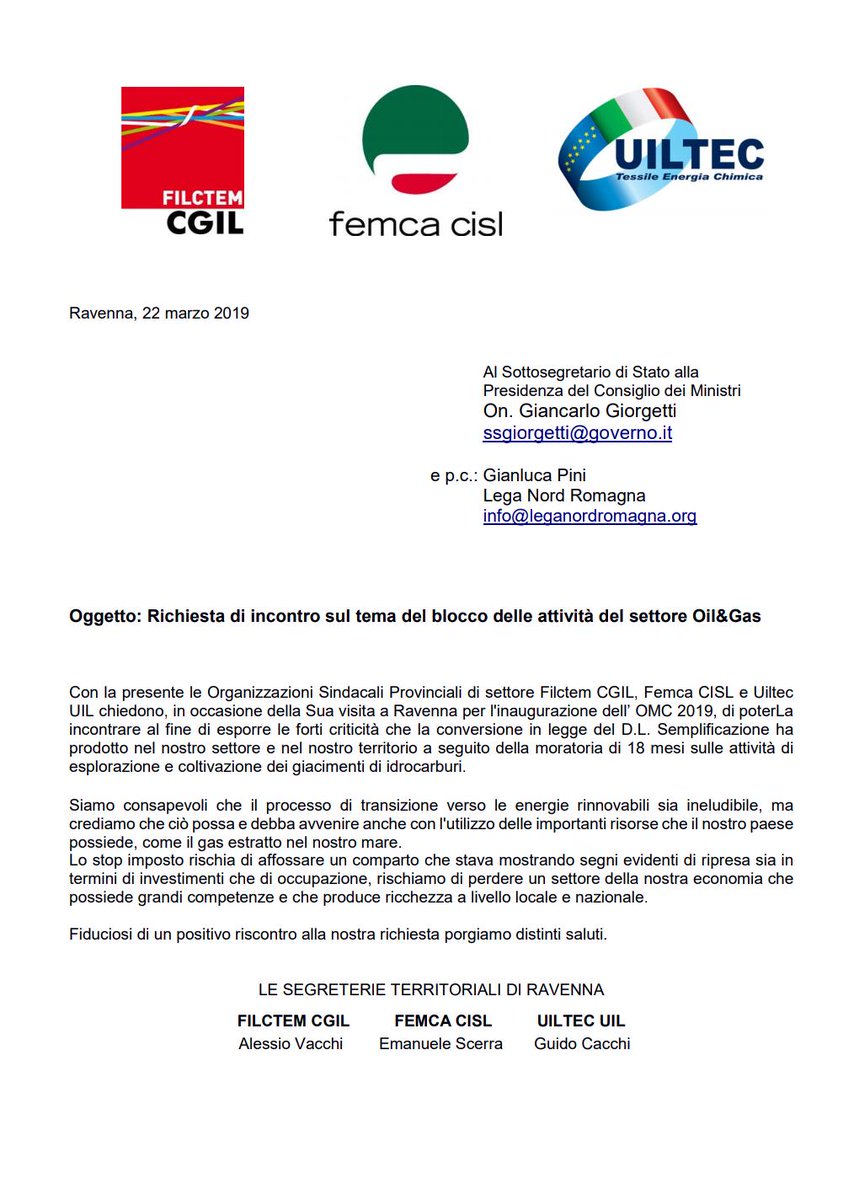 ElenaFiero's tweet photo. #FemcaCISL #FilctemCgil #UiltecUil territoriali, chiedono un incontro al Sottosegratario Giorgetti in occasione dell'inaugurazione dell #Omc2019 di Ravenna
#ddlbloccatrivelle #oilgas #perlenergianazionale #FuturoAlLavoro #AccendiamoIlBuonsenso
https://t.co/7htMmGvC1y https://t.co/GOMv3URXRS