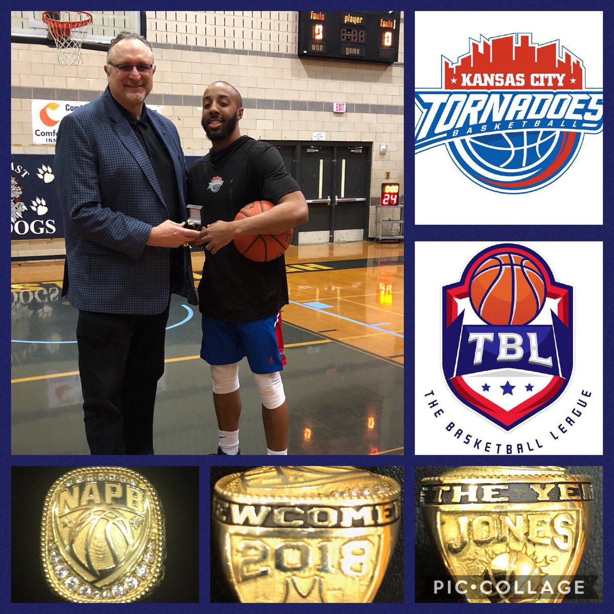 TBLproleague's tweet photo. Last year’s Newcomer of the Year for the @napbasketball was Charlton Jones @joneslife09 of the @tornadoes_kc 
Tonight we got to give him his Beautiful @baronchampionshiprings award!!! Baron is one of the best ring companies in the 🌎

Who will win this year?

#adifferentleague https://t.co/0qErY4Qhy6