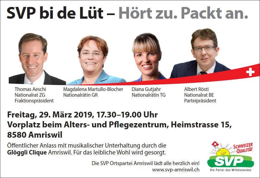 DianaGutjahr1's tweet photo. #svpbidelüüt mit musikalischer 🎶 Unterhaltung vor dem APZ in @stadtamriswil. Von 17:30-19 Uhr. @SVPch #hörtzu #packtan. Wir freuen uns auf euch! @thomas_aeschi @svptg https://t.co/EyiXGsDLjg