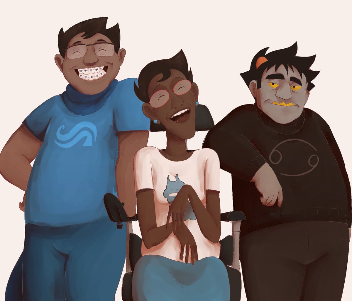 dystrackart's tweet photo. leaders!
[start ID: a digital drawing of, from left to right, john egbert, jane crocker, and karkat vantas from homestuck. they are all looking ahead, smiling, as if posing for a photo. john is a short chubby filipino boy with short black hair, rectangular glasses and blue (1/2) https://t.co/REyfYehmT8