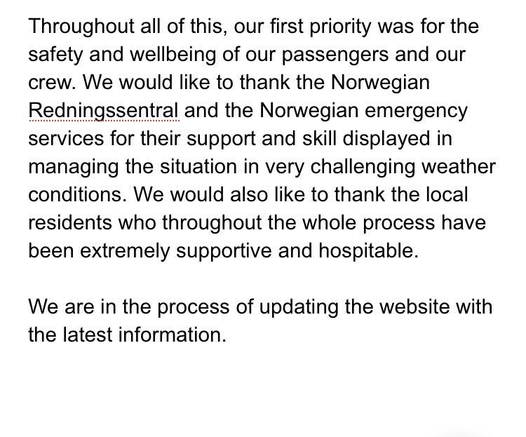 Latest statement from <a href="/VikingCruises/">Viking</a> on evacuation of Viking Sky #vikingsky