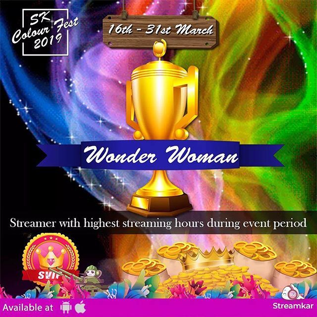 Streamkar_India's tweet photo. SK COLOUR FEST 2019 me sab se ziada ghantay streaming karnay wali talent ko "WONDER WOMAN" ka title diya jaye ga! Kya aap particpate kar rahay hain? Agar nahi, tou intezar mat ki jiye aur join ki jiye abhi! Ye title aap ko bhi mil sakta hai! 😄😄 Mazee… https://t.co/en01fQCcym https://t.co/9D2o7XyWaF