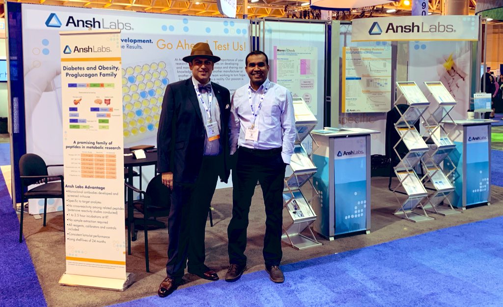 YMakanji's tweet photo. It’s day 2 at #ENDO2019 #EXPO. Kannan, Preston and I are here to hear you hormone stories. #booth2112 #MenoCheck @AnshLabs #Glucagon #picoAMH https://t.co/IWtKEN5wth