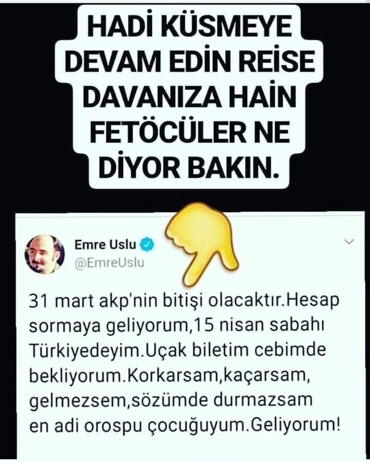 @Akhadice Böyle Kaypak kişiyle işim olmaz Eğer adam gibi adamsa suçlu olduğu halde dışarı kaçması gelir Türk Adaletine teslim olur cezasını çekerdi sırf provokasyon için böyle seçim haftasında yazı yazmış 
 @EmreUslu