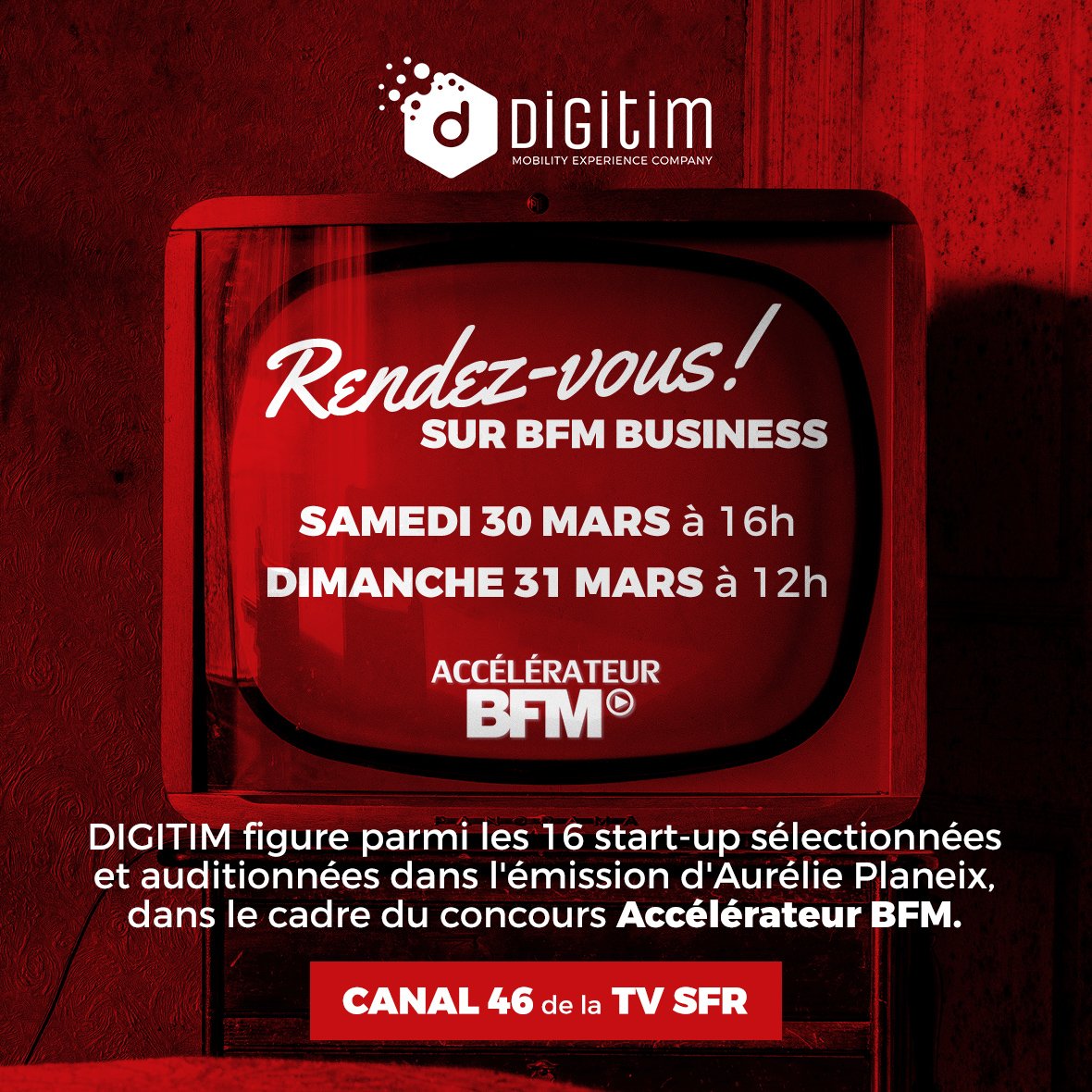 DIGITWEET_'s tweet photo. DIGITIM vous donne RDV le samedi 30 mars à 16h00 sur BFM Business et dimanche 31 MARS à 12h00.
#BFM #Digitim #startup #AccélérateurBFM https://t.co/AOrfsfbgyt