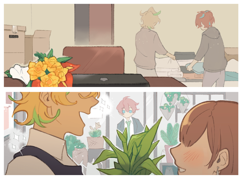hachibani's tweet image. here&apos;s some of the illustrations i made in collaboration with bea (raseimon) for #hypmicbb ! a dohifu flower shop au i loved reading and even more working for 💐💕
please check it out!! archiveofourown.org/works/18129776