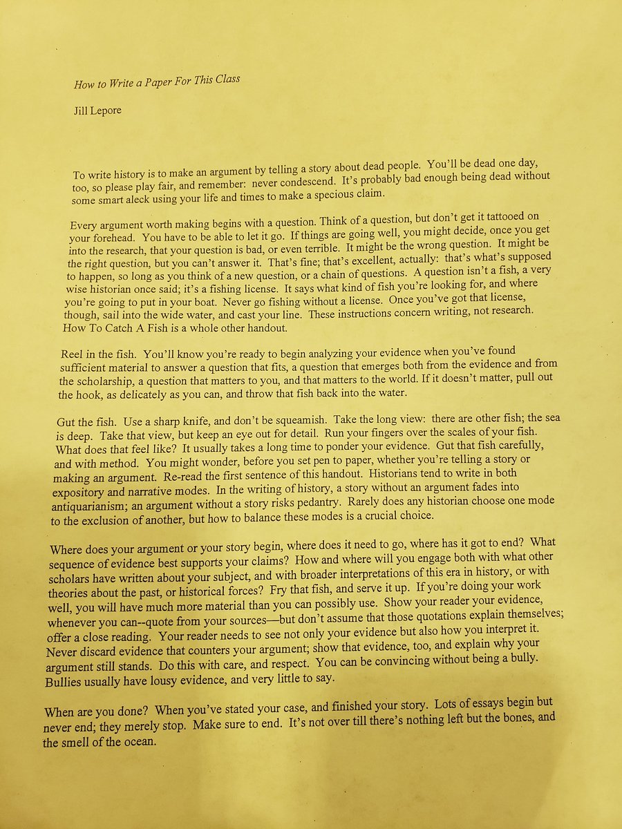 tinacassidy2's tweet photo. "How to Write a Paper For This Class," by Jill Lepore (who teaches at #Harvard) and, of course, writes for @newyorker. Read every word. Best conference handout ever. #narrativeBU https://t.co/SNOtD9qe8V