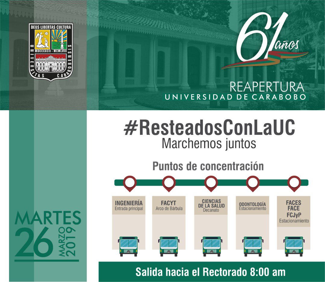 UCarabobo's tweet photo. Desde estos puntos saldrán autobuses a las 8am para trasladar a quienes estén en el campus Bárbula, a concentrarse en el Rectorado y salir a marchar en defensa de la @UCarabobo. Invitamos a todos los carabobeños a acompañarnos este #26Mar #ResteadosConLaUC https://t.co/5OdLBA3nWR