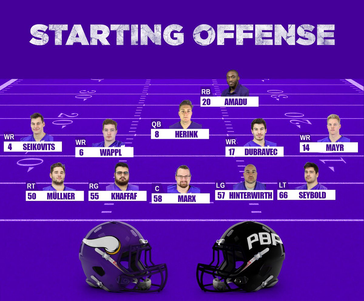 ViennaVikings's tweet photo. #Gameday - We present our today’s #StartingOffense and #StartingDefense when we kickoff the #AFL19 season vs. the @PragueBPanthers. #BleedPurple Kickoff at 4:15pm CET at #HoheWarte https://t.co/YicJlGqScT