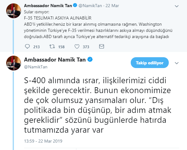 Hocam <a href="/BartuSoral/">H. Bartu Soral</a>, "S-400'leri almayalım" diyen Büyükelçimize soru sormuş. 
Ben yanıtlayayım. 
Büyükelçimiz bu tweet'i paylaştığında IRI (Uluslararası Cumhuriyetçiler Enstitüsü-CIA - Pentagon düşünce kuruluşu) tarafından özel davetle Washington'daydı. Biletini bile almışlardı.