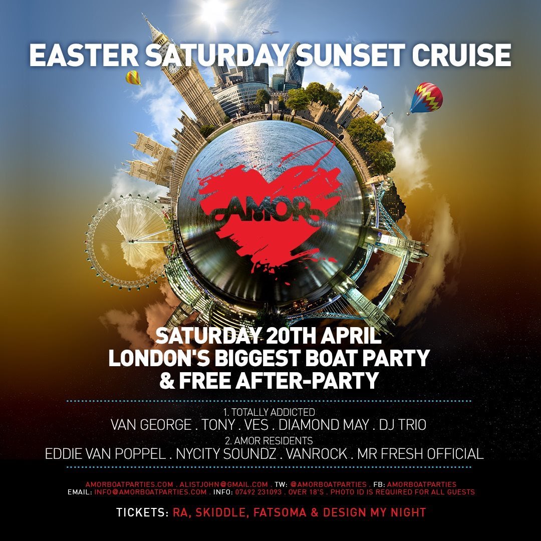 AList_PR's tweet photo. Join us on Easter Saturday for the Opening party of our 2019 Boat Party Season ♥️ @AmorBoatparties 
Amor London Boat Party + Egg After-Party
Advanced RA link https://t.co/XpxZjtCBME Save the Date: Saturday 20th April 2019 🐣⛵️💛 #HouseMusic #BoatParty #FreeAfterParty #London #DJs https://t.co/ARgootBYE7