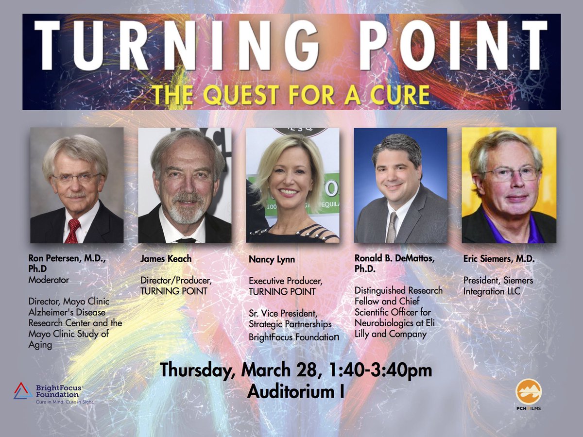 NancyFalkLynn's tweet photo. #ADPD2019 Please come see TURNING POINT Thursday the 28th @adpdnet - Ron Petersen will moderate panel with Ron DeMattos, Eric Siemers, James Keach following the screening. @turning_point18 @_BrightFocus @ers_net @RonPetersenMD @Picture_Motion @PhylFerrell https://t.co/bXYgOsZDu4