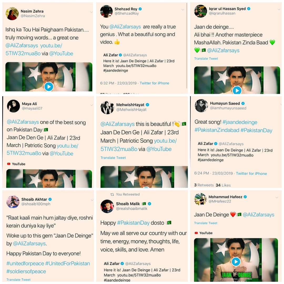 ShowbizAndNewz's tweet photo. Celebrities from all fields loving @AliZafarsays ’s new anthem for Pakistan #JaanDeDeinGe. Indeed “The only thing worth fighting for is Peace.” #Pakistanday #AliZafar #Nationalsong #PakistanDay #PakistanZindabad #23rdMarch #23rdMarch2019 #ResolutionDay 💚🇵🇰 https://t.co/gNO7YrefxS