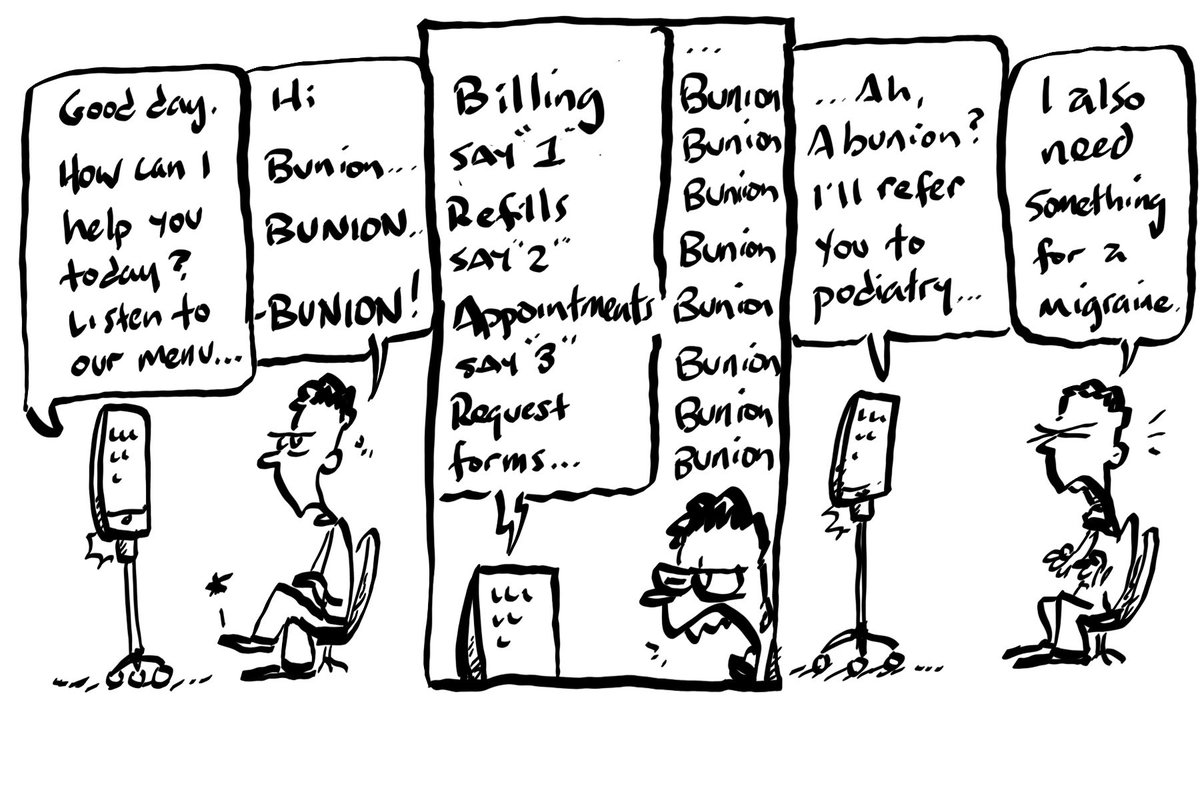drmaypole's tweet photo. Scenes we donโt want to see: That as artificial intelligence rolls out more and more in healthcare, that we tragically muff our shot to #innovate, & care betterand instead import the blunders and missteps of our current systems. #ai #robodoc #graphicmedicine #ux no #phonehell pls https://t.co/59e93OOIKv