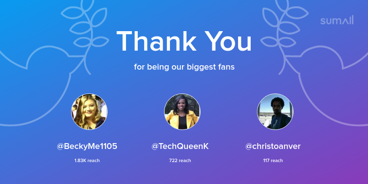 SharonMMcGhee's tweet image. Our biggest fans this week: @BeckyMe1105, @TechQueenK, @christoanver. Thank you! via sumall.com/thankyou?utm_s…