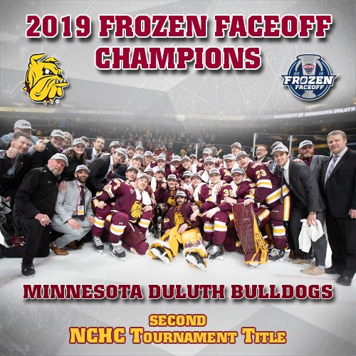Congrats to <a href="/UMDMensHockey/">UMD Men's Hockey</a> on winning the 2019 #FrozenFaceoff in a thriller!

UMD becomes the 2nd #NCHCHockey team to lift the 🏆 twice. 

#BulldogCountry