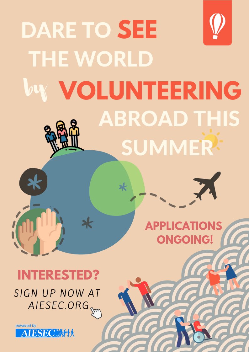 AIESECDavao's tweet photo. We're looking for young and passionate volunteers to go on exchange this summer! It's time for you to break boundaries and create a positive impact to local communities. 

With AIESEC being present in over 120+ countries, opportunities for our volunteers are limitless! 🌎 https://t.co/xTpW7xRz5H