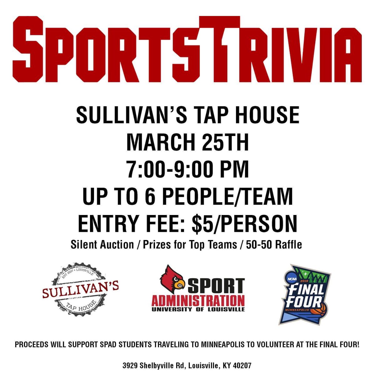 Join us tomorrow night at Sullivan’s for a sports trivia night to help support our <a href="/SPADUofL/">UofL Sport Admin.</a> trip to volunteer at the Final Four. If you are interested in bringing a team to trivia or have donation items for our silent auction, let me know. #L1C4