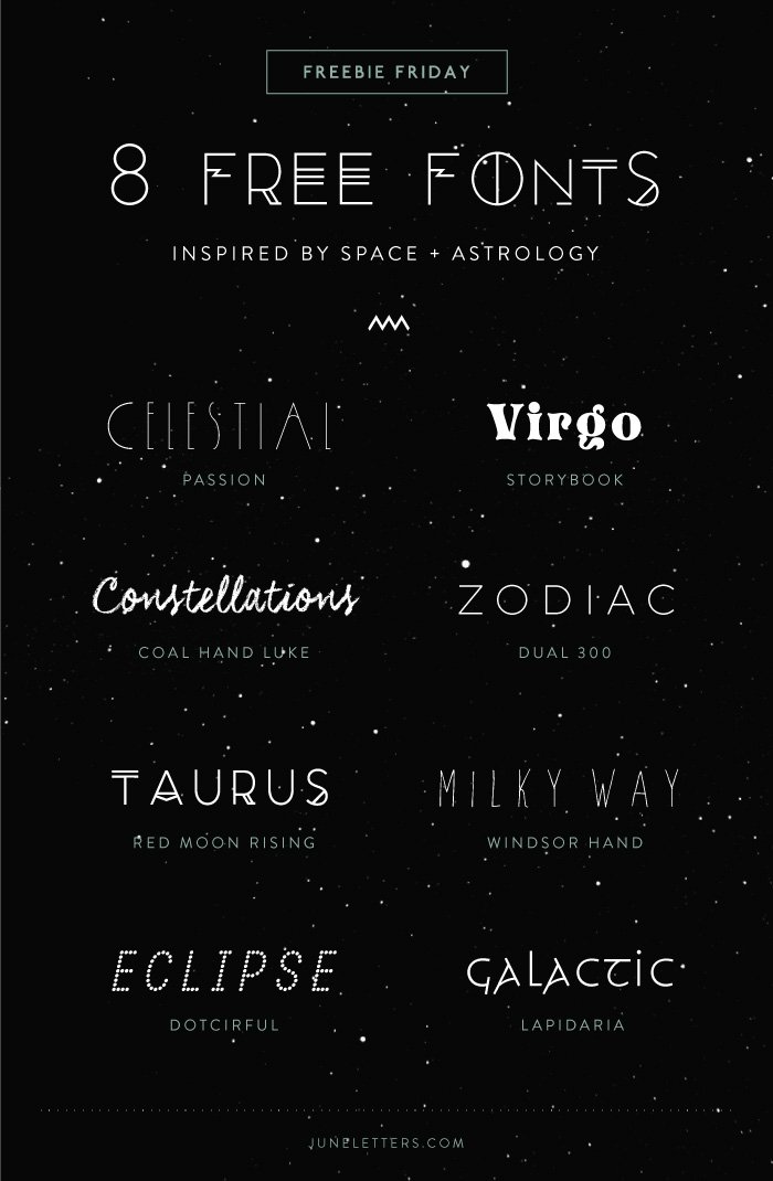 우주와 천체에서 영감을 받은 8가지 무료 폰트
8 Free Fonts Inspired by Space + Astrology
juneletters.com/blog/2014/10/9…