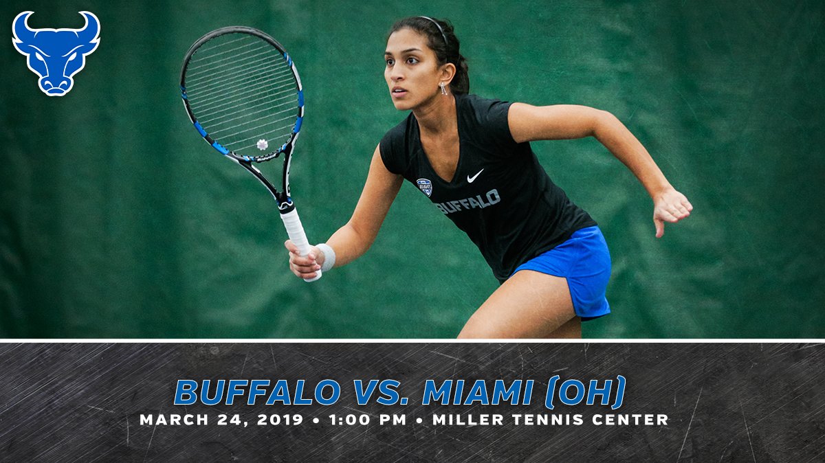 UBuffaloWTEN's tweet photo. The Bulls are in action this afternoon for another @MACSports tilt.  UB hosts Miami (OH) at 1pm at @millertennis 

#UBhornsUP https://t.co/di8bffX7Fy