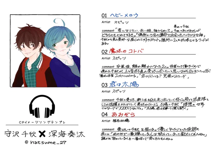 特に左右の拘りの無い、ちあきとかなたのイメソンやってみた
偏っちゃったけど、かなりお気に入りの4曲です
汚い手書き、誤字脱字は許してください😂 