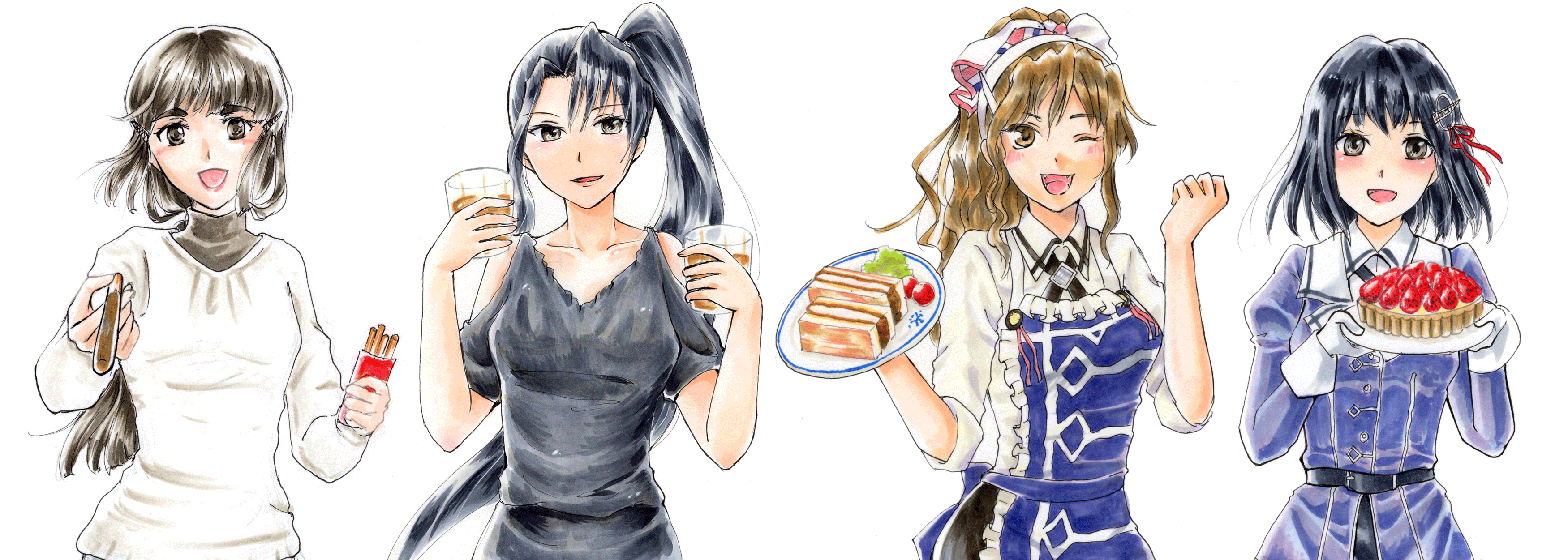 三毛猫 八百屋a 今までワンドロで描いた妙高型4姉妹を並べてみました 描いた順番は妙高 足柄 那智 羽黒 足柄さんを描いた時点で 残り２人も提督に食べ 飲み ものを勧める絵にしよう と密かに思っていました 艦これ 妙高型 T Co